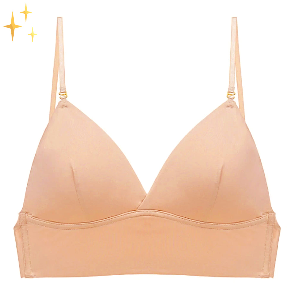 Front view of a beige triangle-cup bra with thin adjustable straps and gold hooks, laid flat on a white background. 1