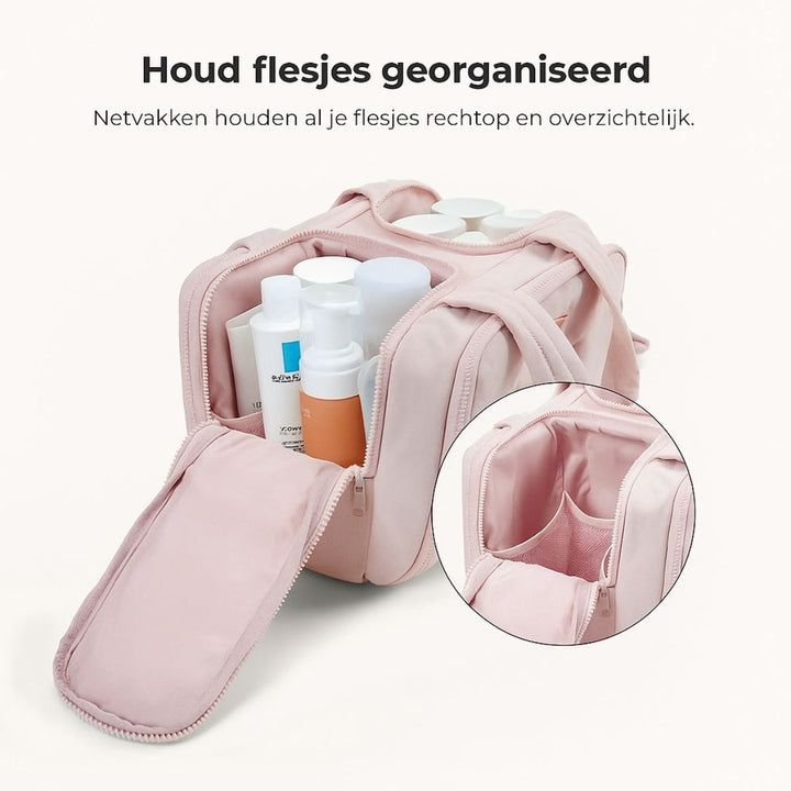 Pink bag with a side compartment unzipped, revealing upright bottles held in mesh pockets, plus a close-up circle of the lining. 6