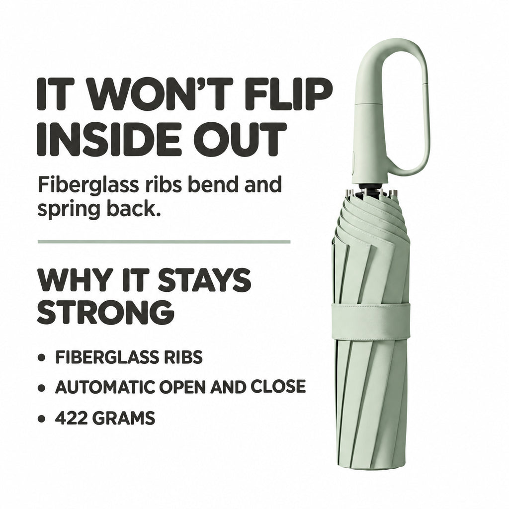 Closed green folding umbrella detail with an oval hook handle.