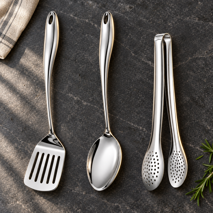 Three-piece steel set laid flat on dark stone: slotted turner, spoon and perforated tongs, with a linen cloth and rosemary sprig nearby. 5