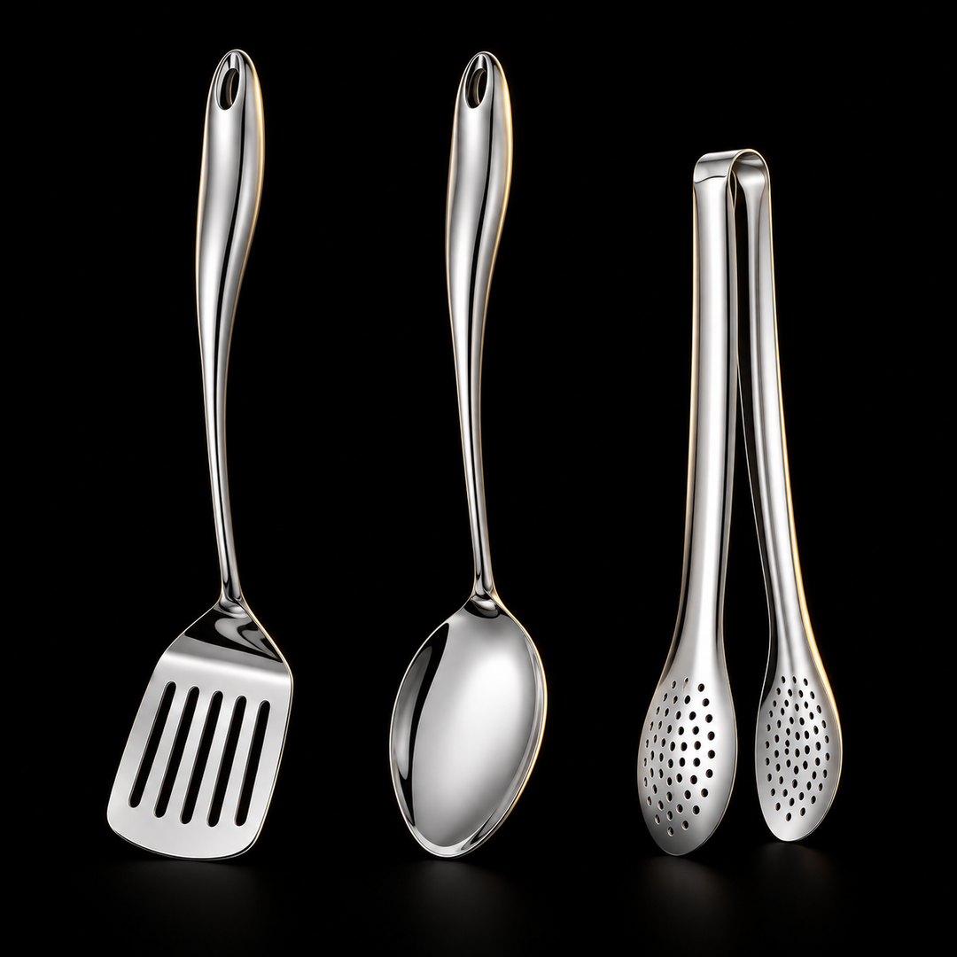 Three-piece polished steel set on black: slotted turner, solid serving spoon and perforated tongs, each with a hanging hole in the curved handle. 2