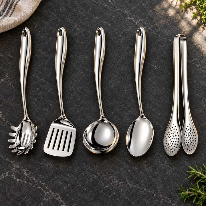 Five-piece steel set laid flat on dark stone with a linen cloth and herb sprigs: pasta server, turner, ladle, spoon and tongs. 6