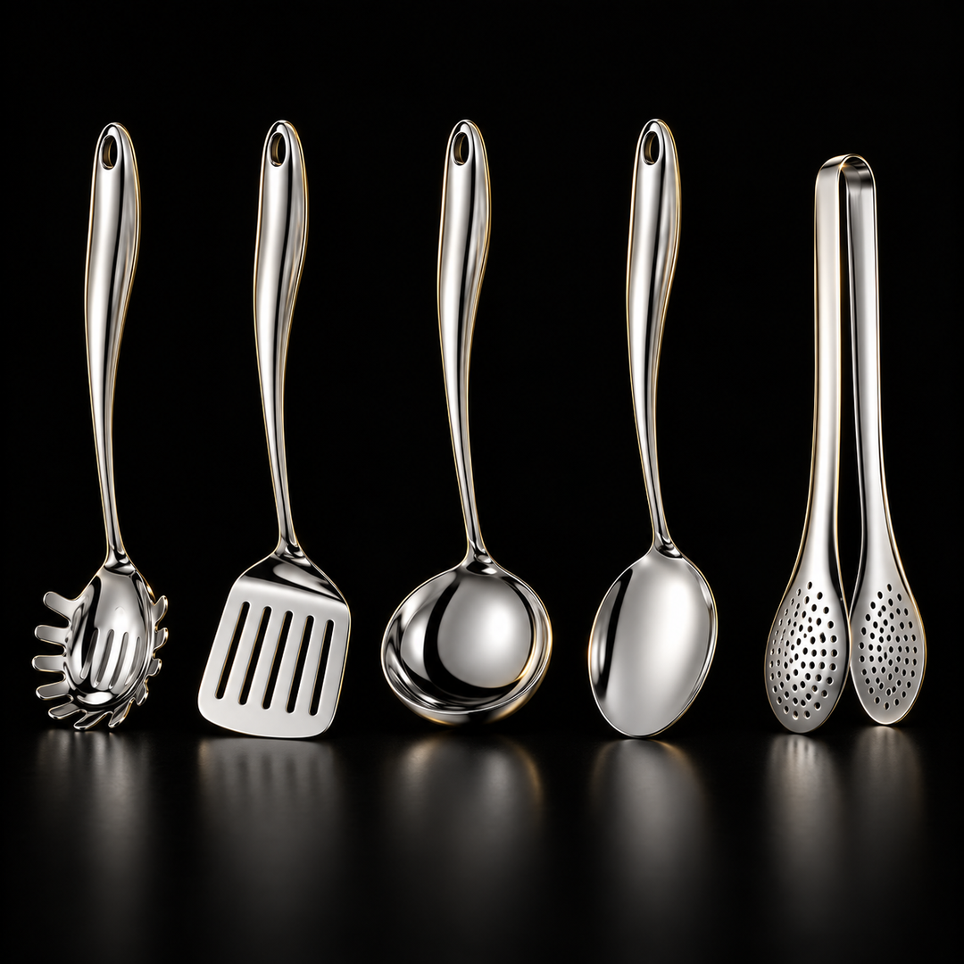 Five-piece set standing upright against a black background: pasta server, slotted turner, ladle, solid spoon and perforated tongs, all with curved handles. 1
