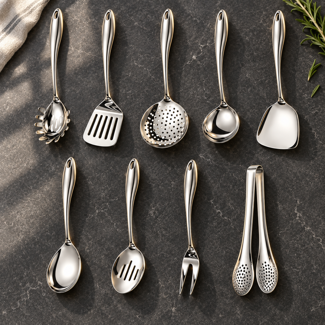 Nine-piece steel set arranged in two rows on dark stone, including pasta server, skimmer, ladle, wok spatula, serving fork and perforated tongs. 7