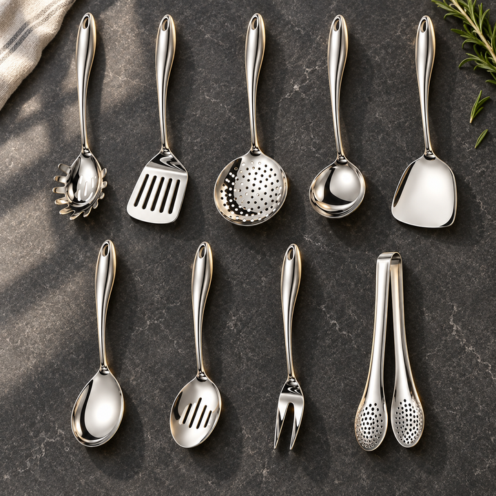 Nine-piece steel set arranged in two rows on dark stone, including pasta server, skimmer, ladle, wok spatula, serving fork and perforated tongs. 7