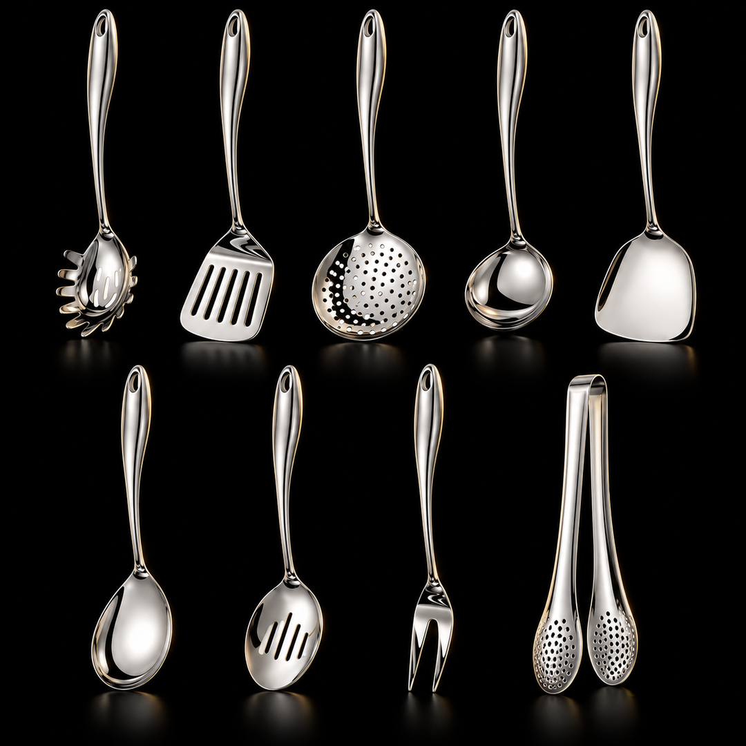 Nine-piece polished steel set on black in two rows: pasta server, turners, skimmer, ladle, spoons, serving fork and perforated tongs. 3