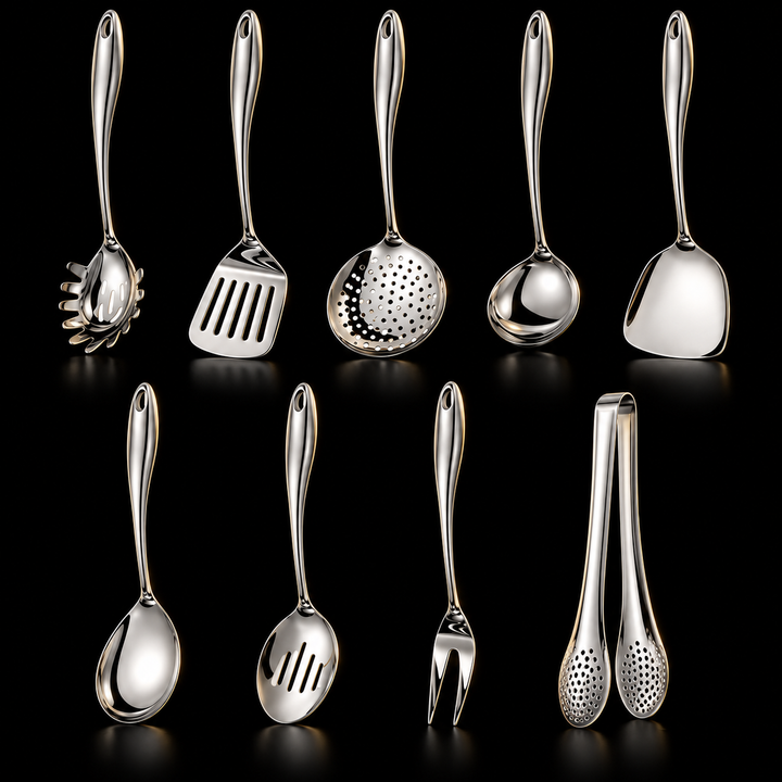 Nine-piece polished steel set on black in two rows: pasta server, turners, skimmer, ladle, spoons, serving fork and perforated tongs. 3