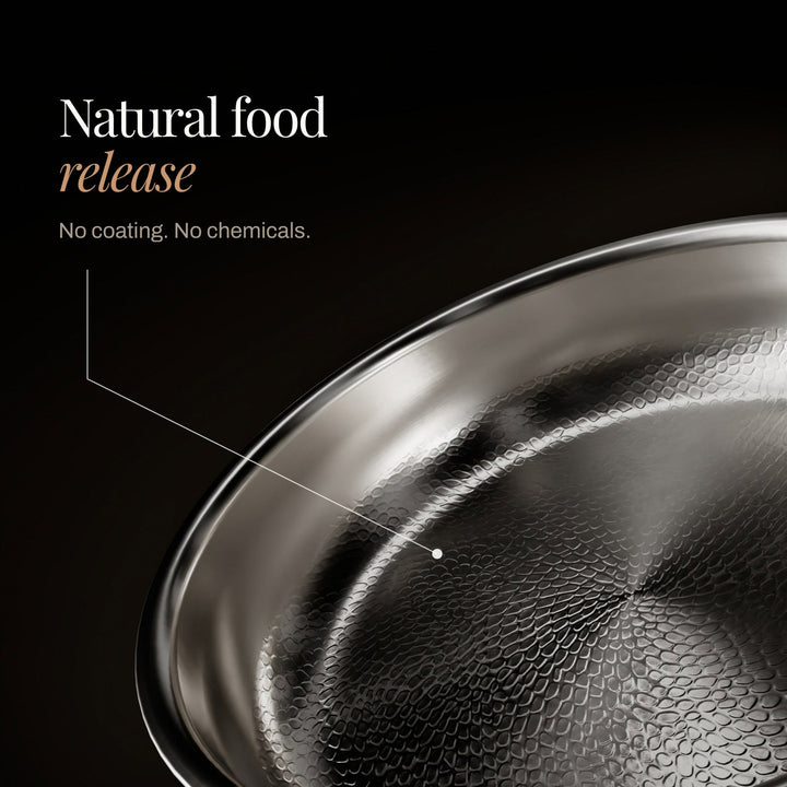Hammered titanium pan cooking surface detail
