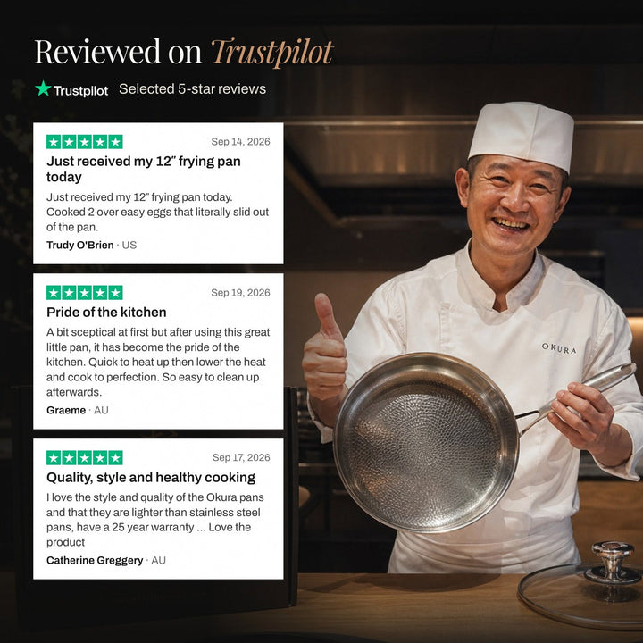 Chef holding a hammered titanium pan with customer reviews beside him