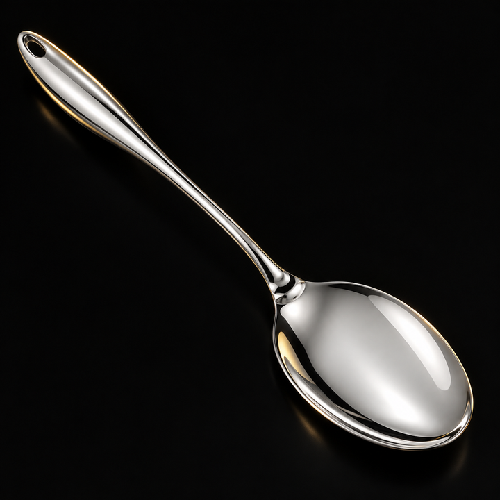 Close-up of the polished solid serving spoon at an angle on a black background, showing the oval bowl and curved handle with hanging hole. 13