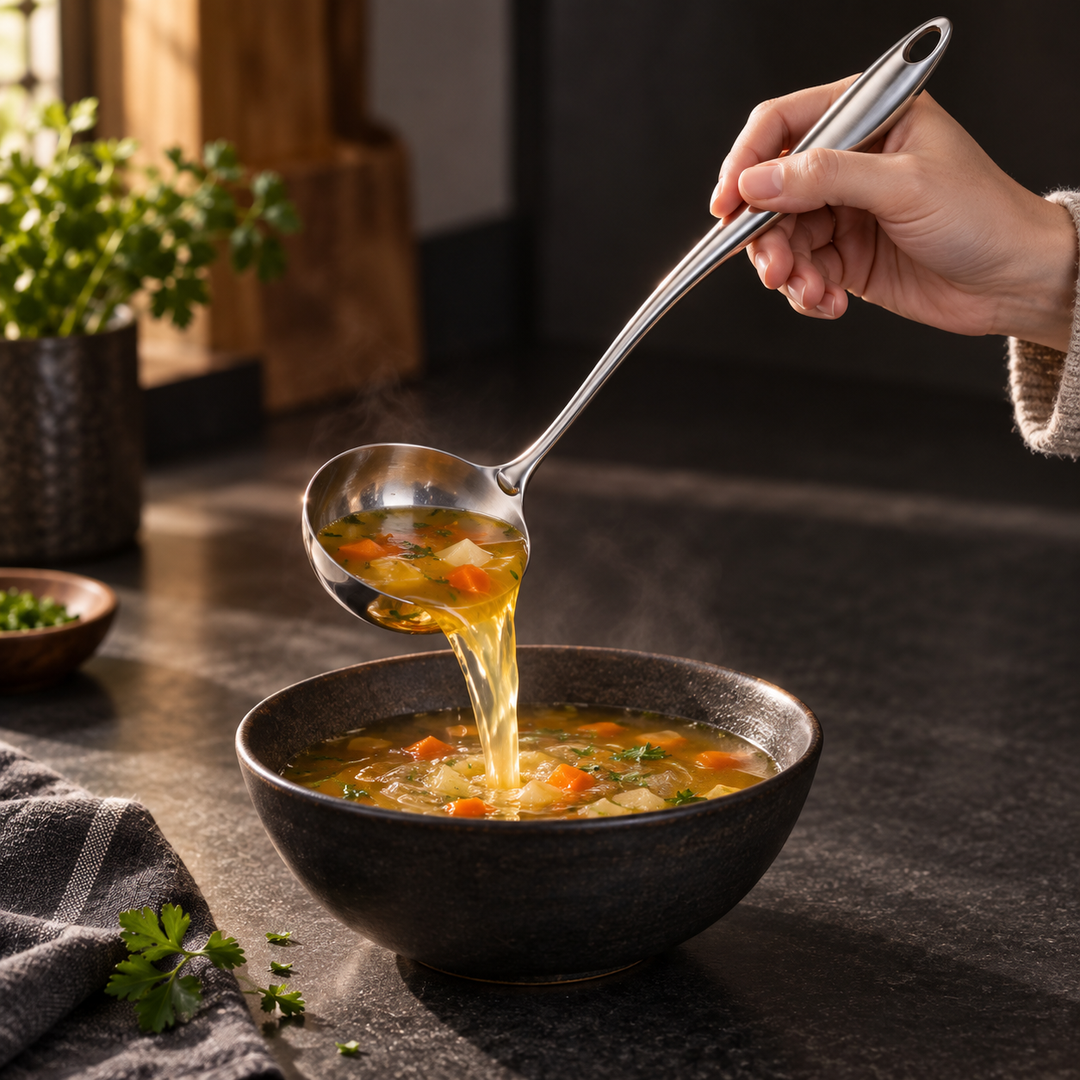 Hand holding the ladle over a dark bowl, pouring steaming vegetable broth with carrot and potato pieces into the soup. 12