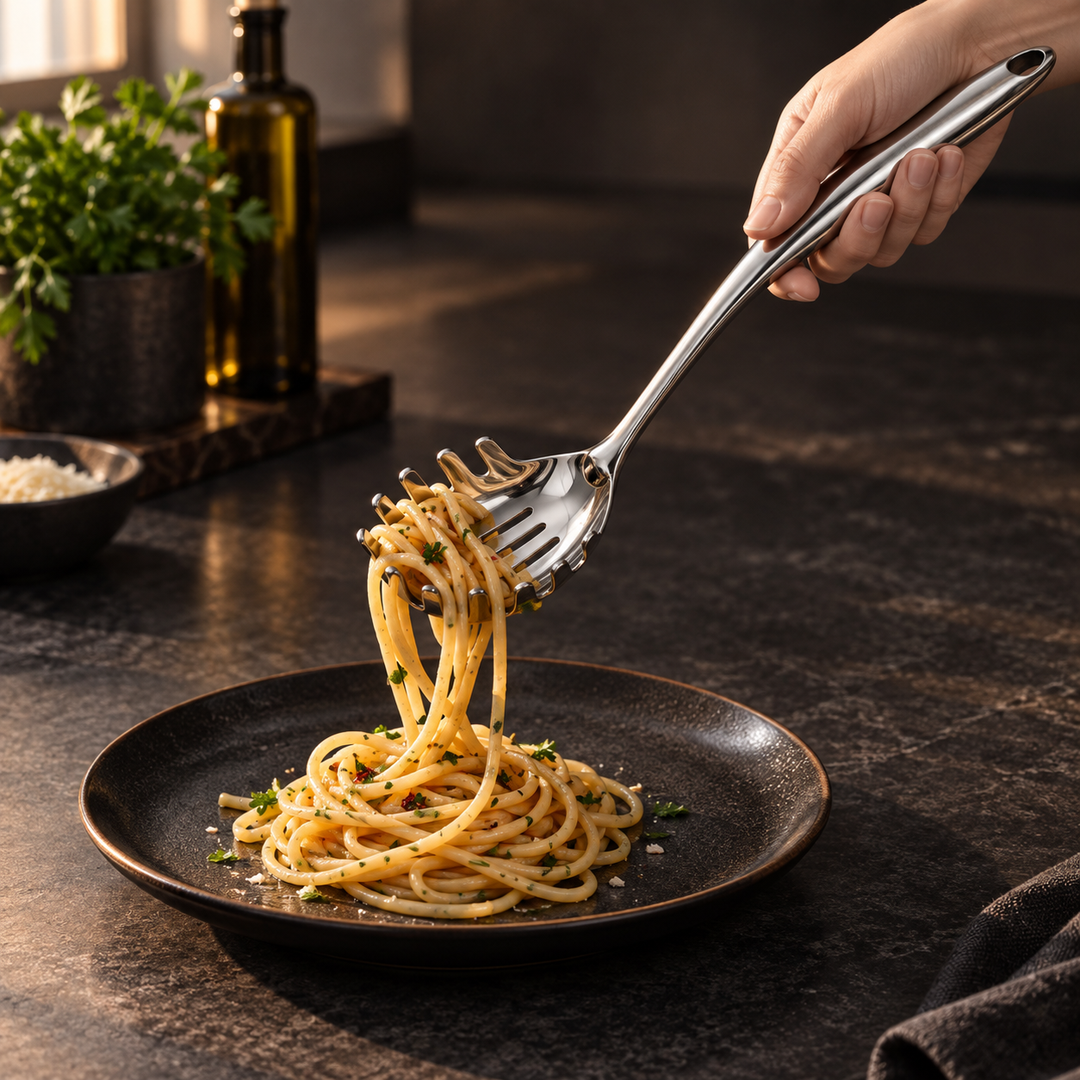 Hand lifting twirled spaghetti with parsley on the pasta server above a dark plate on a dark countertop. 11