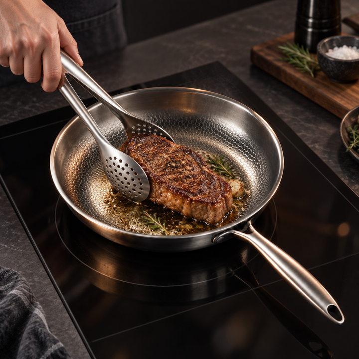 Hand using the perforated tongs to turn a seared steak with garlic and rosemary in a steel pan on an induction cooktop. 9