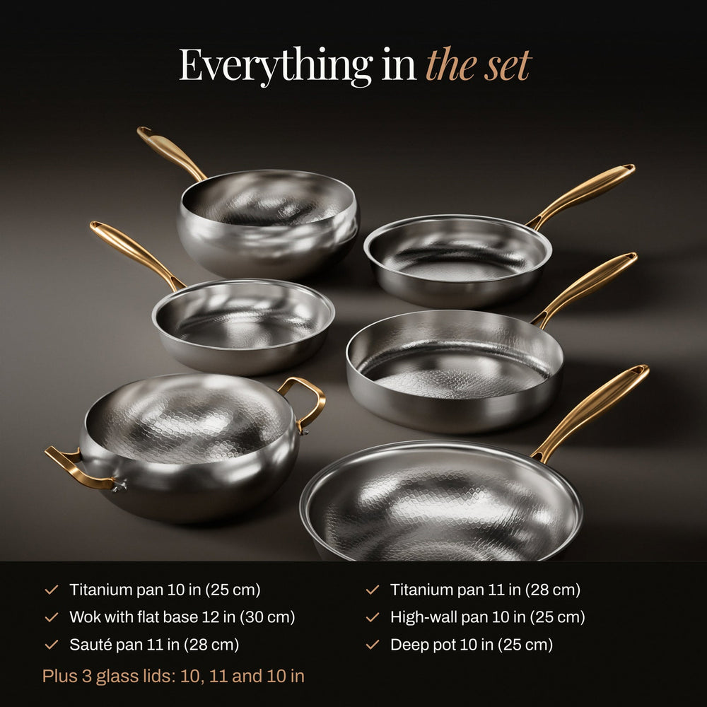 Hammered titanium cookware set with sizes and three glass lids