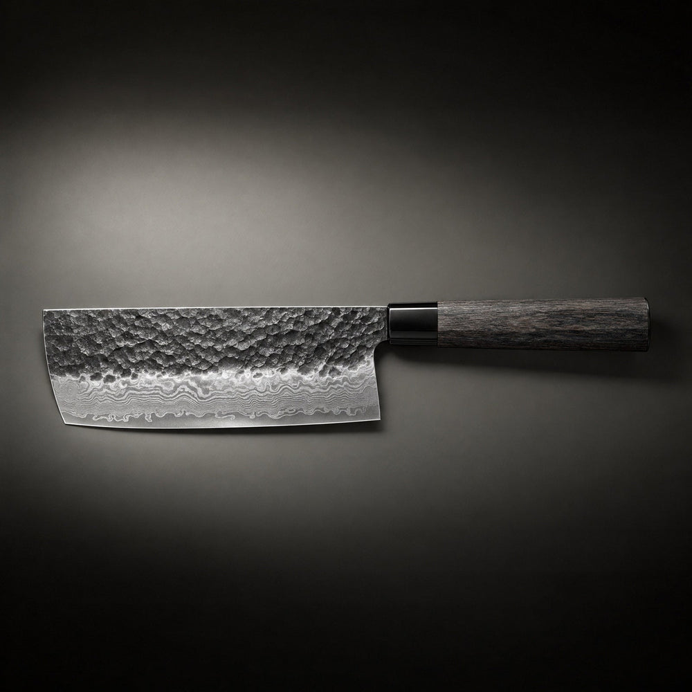 Japanese-style chef's knife another view showing the full rectangular blade, hammered upper section and dark wood handle.