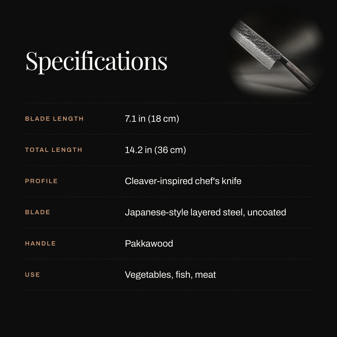 Specifications graphic for the knife showing blade and total length, profile, blade type, handle material and uses.