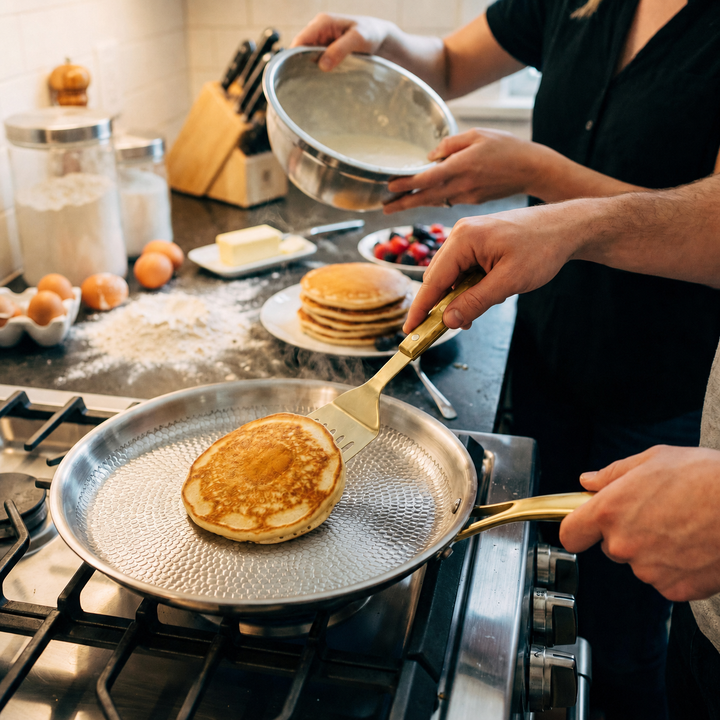 Two people cooking breakfast in a kitchen, one flipping a pancake in the pan with a gold-tone spatula while the other pours batter. 5