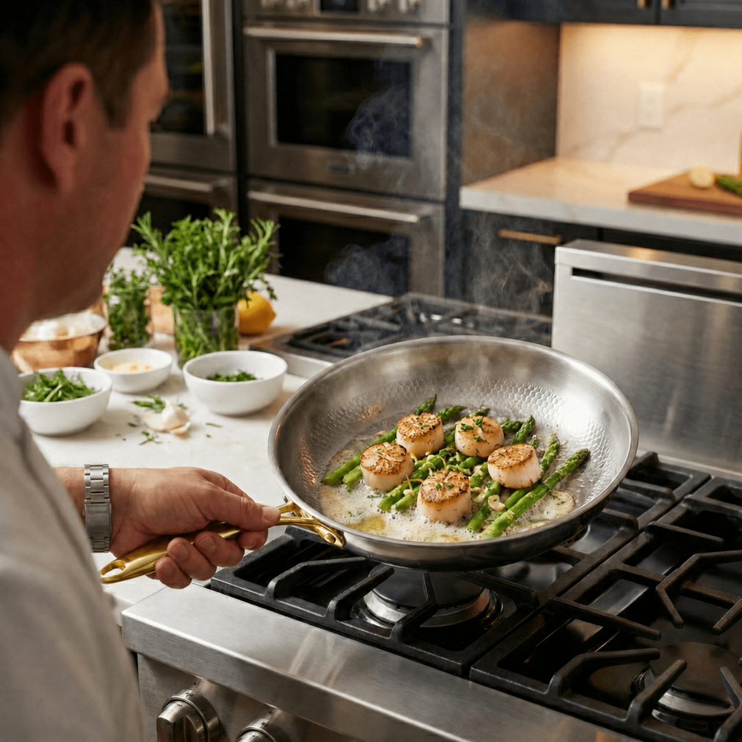 A man holding the pan by its gold-toned handle over a gas range, searing scallops on asparagus in a bright kitchen.