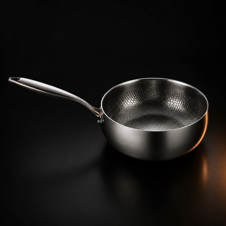 Open curved-wall metal pan on a dark background, showing its honeycomb-textured interior and a long polished handle. 1