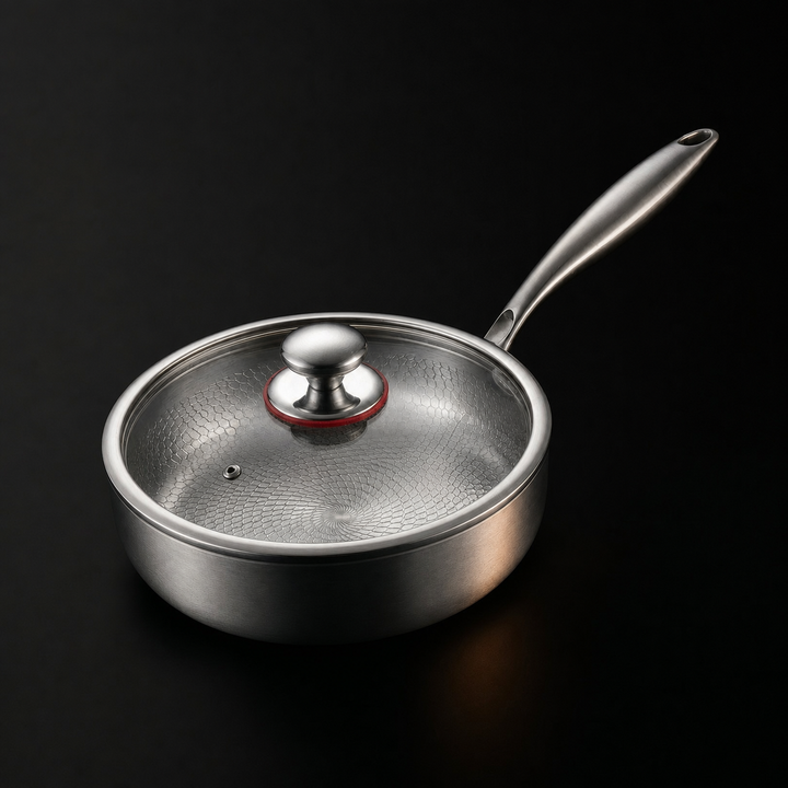 Hammered Titanium Pan with High Rim, silver metal pan another view with a clear glass lid and steel knob.