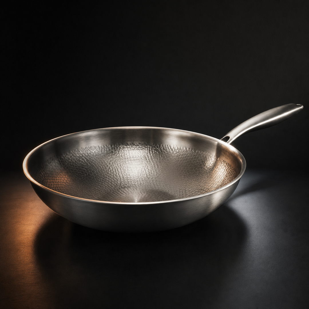 Hammered titanium wok pan with a brushed metal handle on a dark reflective surface.