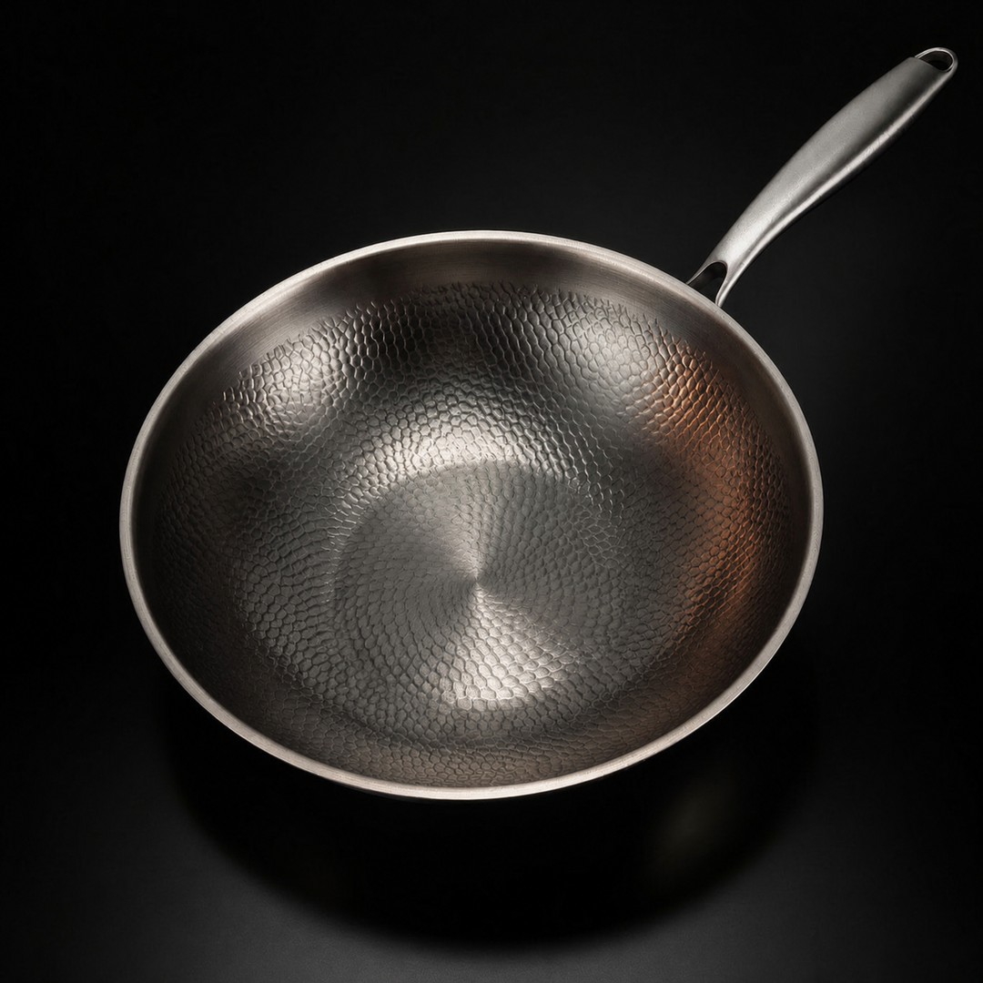 Top-down view of the hammered titanium wok pan interior with the handle at upper right.