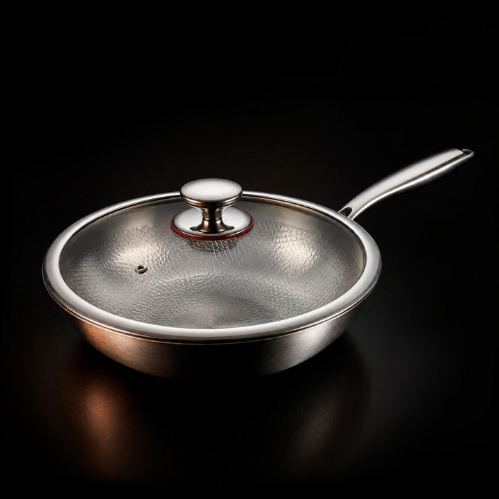 Hammered titanium wok pan with a clear glass lid and metal knob, side view.