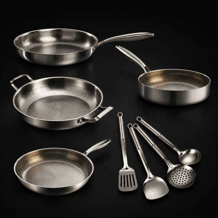 Four hammered-texture metal pans and four matching utensils on a black background.