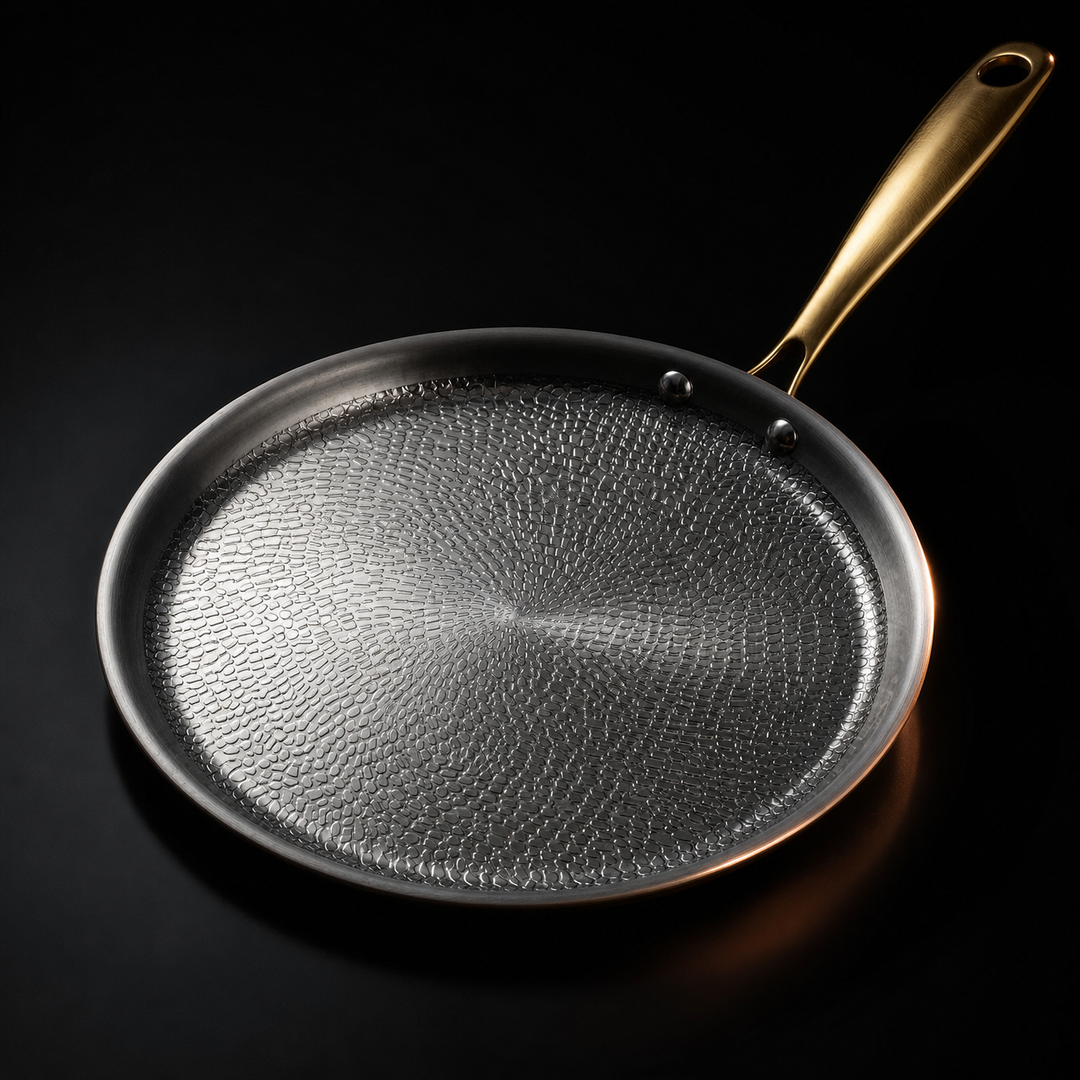 Overhead view of the crepe pan's hammered cooking surface and gold-tone handle, with a warm copper glow along the rim on black. 2