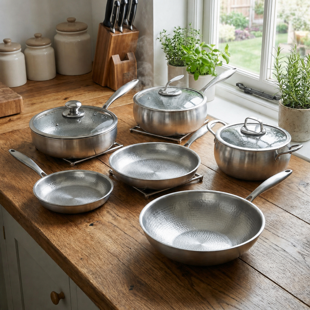 Hand-Hammered Titanium Kitchen Set with 3 Lids on a wooden countertop beside potted herbs