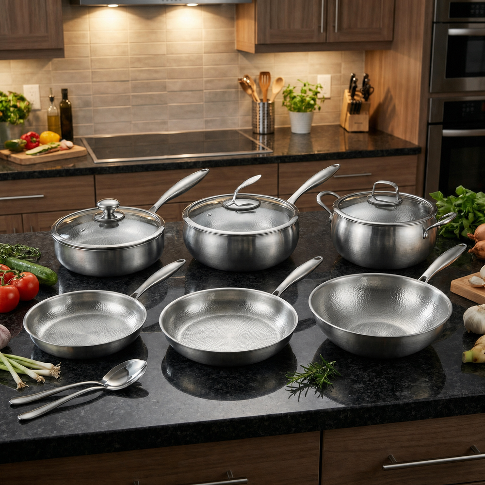 Hand-Hammered Titanium Kitchen Set with 3 Lids displayed on a kitchen counter with vegetables and utensils