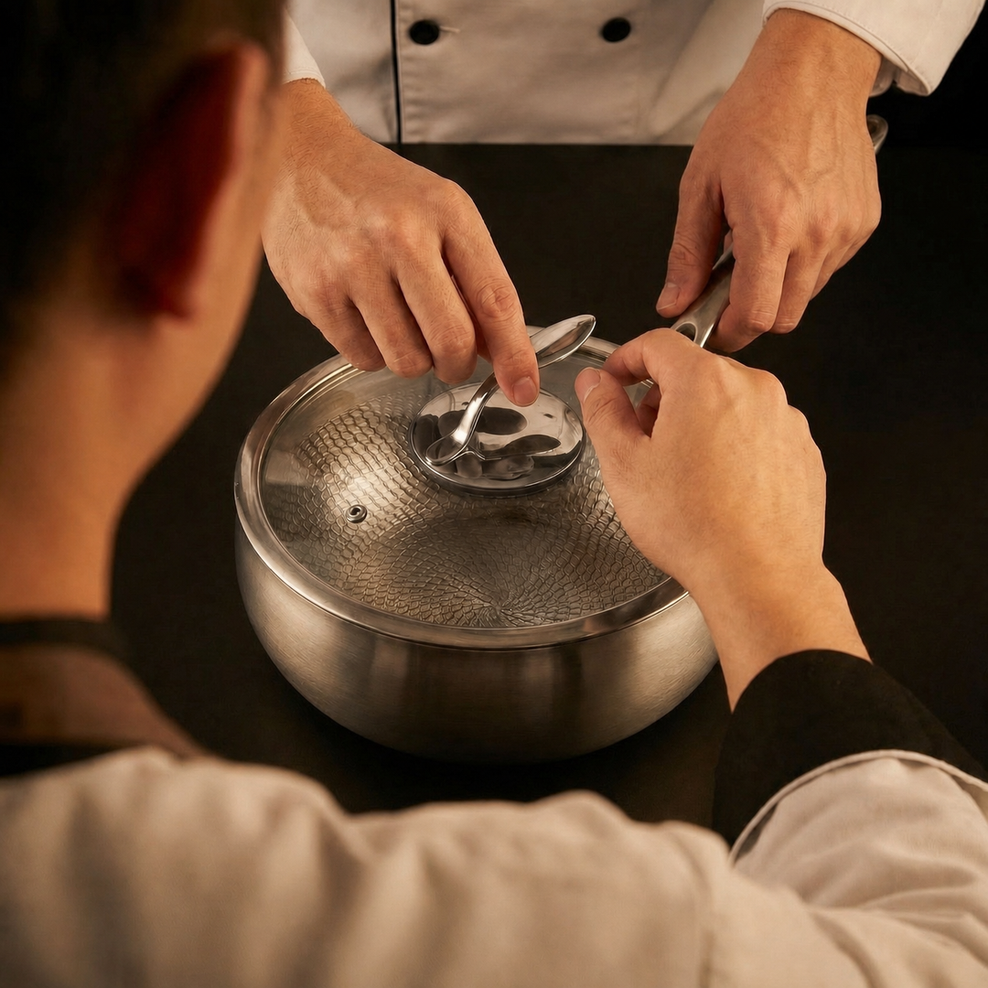 Two chefs' hands lifting the lid of the pan, with the textured pattern visible through the glass. 4