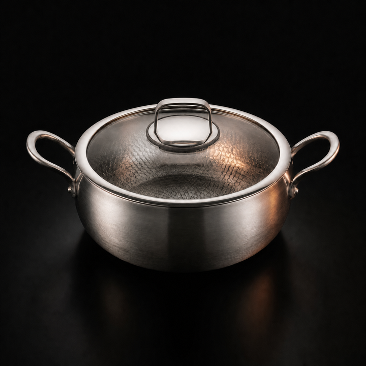 Silver metal stockpot with two loop handles and a glass lid, another view.