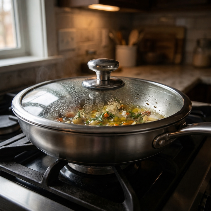 Another view of a lidded pan on a gas stove with vegetables and herbs visible inside.