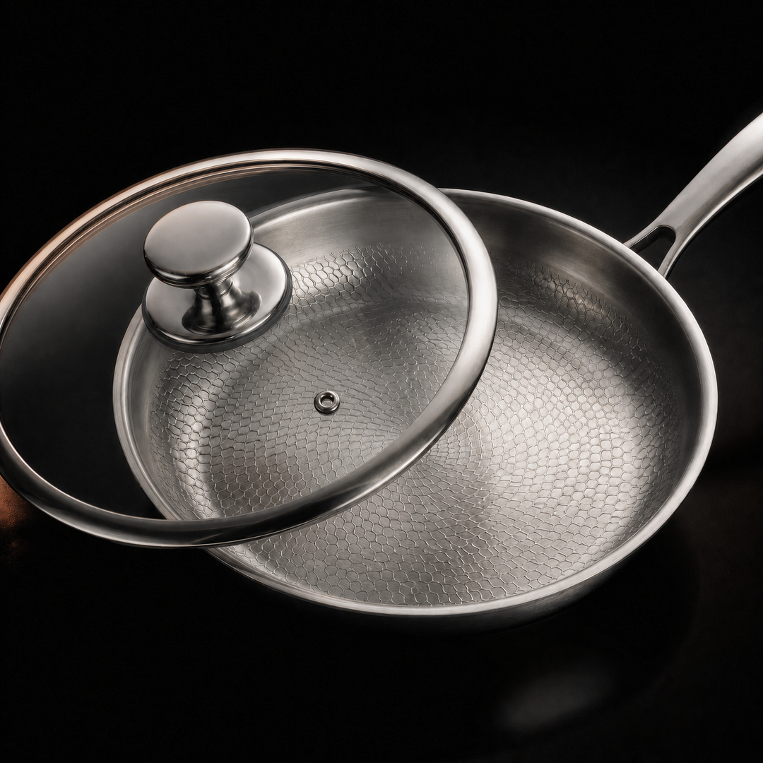 Detail of a glass lid with a metal knob resting on a hammered metal frying pan.