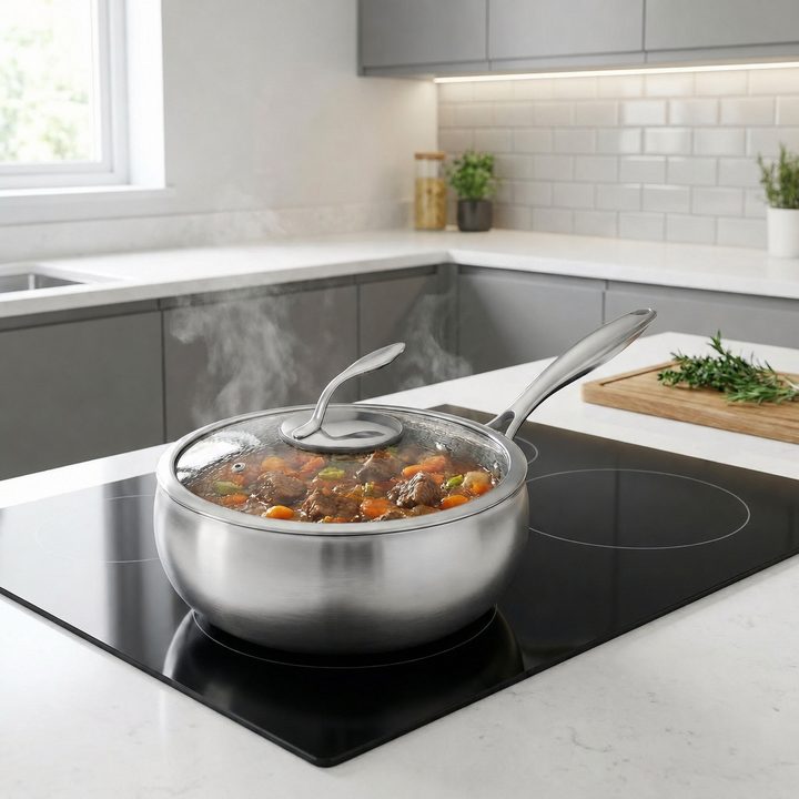 Lidded pan simmering a beef and vegetable stew on an induction cooktop in a bright modern kitchen, steam rising. 3