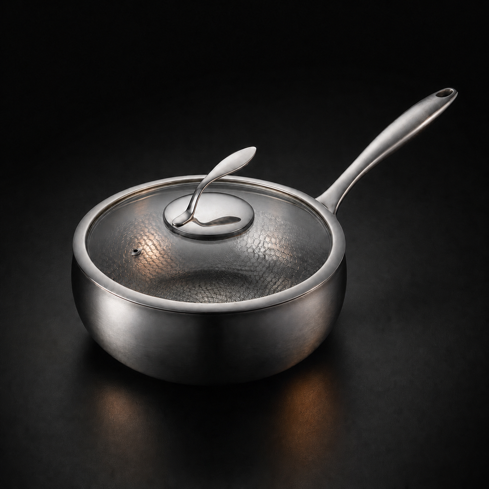 Pan with its glass lid on, seen from above against a dark backdrop, showing the textured interior through the lid. 2