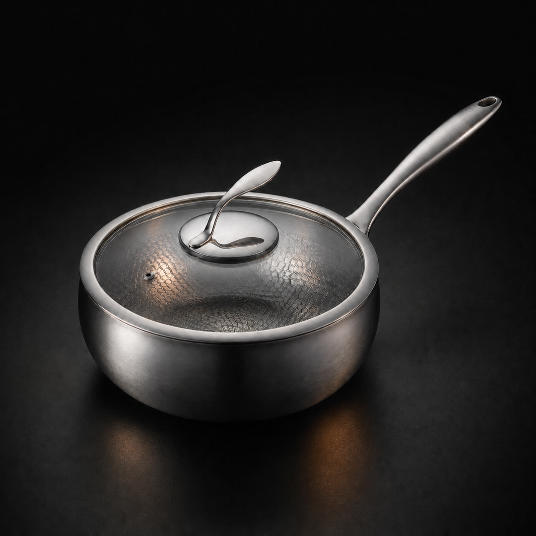 Pan with its glass lid on, seen from above against a dark backdrop, showing the textured interior through the lid. 2