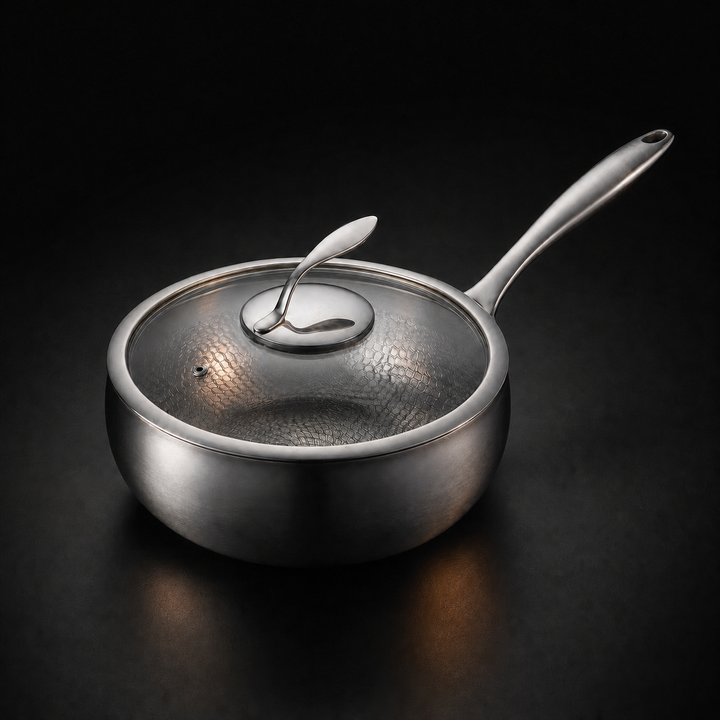 Pan with its glass lid on, seen from above against a dark backdrop, showing the textured interior through the lid. 2