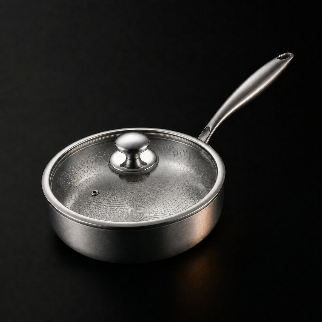 Another view of the silver Hand-Hammered High-Wall Titanium Frying Pan with a clear glass lid and metal knob.