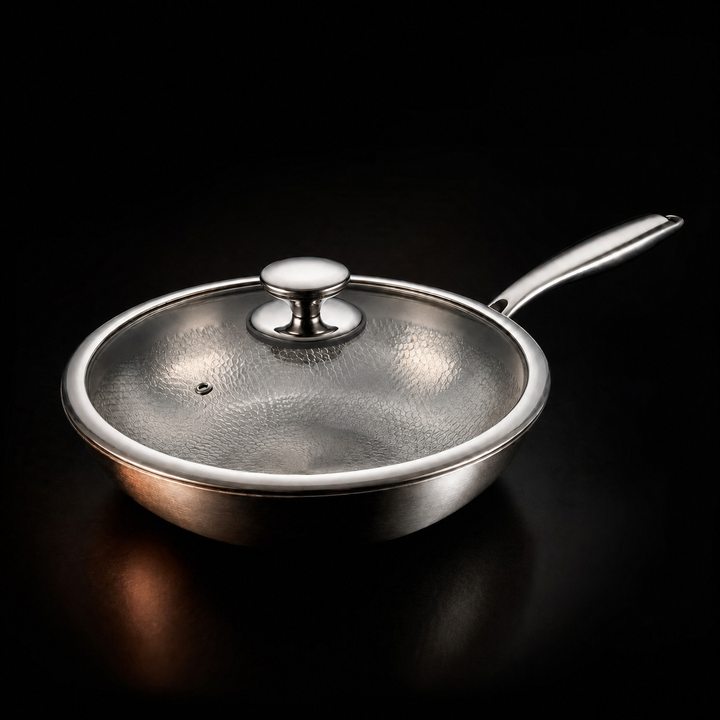 Hammered titanium wok pan with the glass lid in place, side view.