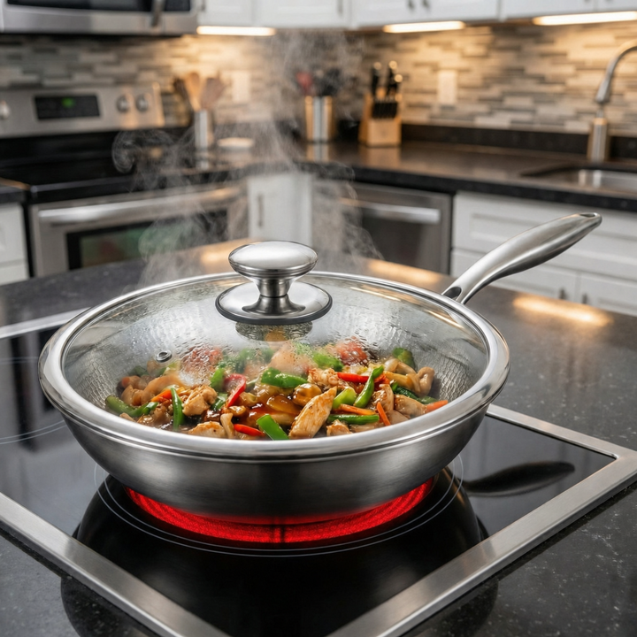 Hammered titanium wok pan with glass lid on an electric cooktop, another view.