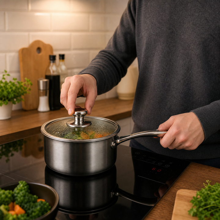 Person lifts the lid knob of the saucepan on an induction cooktop, with vegetables cooking inside. 4