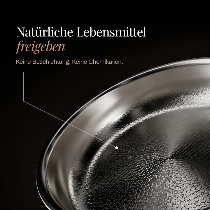 Close-up of the hammered, scale-like cooking surface and polished rim, with a caption about releasing food naturally. 4