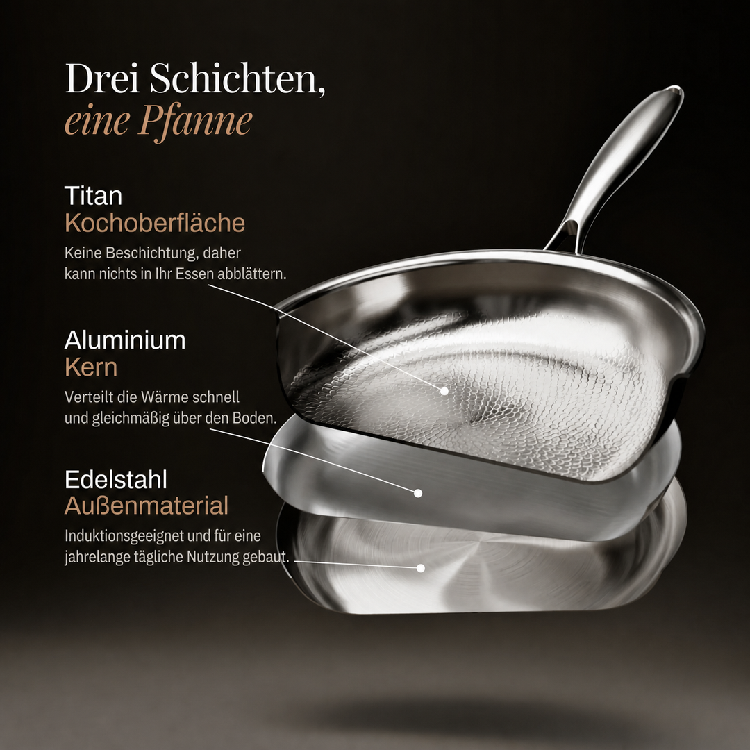 Exploded view of the pan's three layers: hammered titanium cooking surface on top, aluminum core in the middle, steel outer layer below. 4