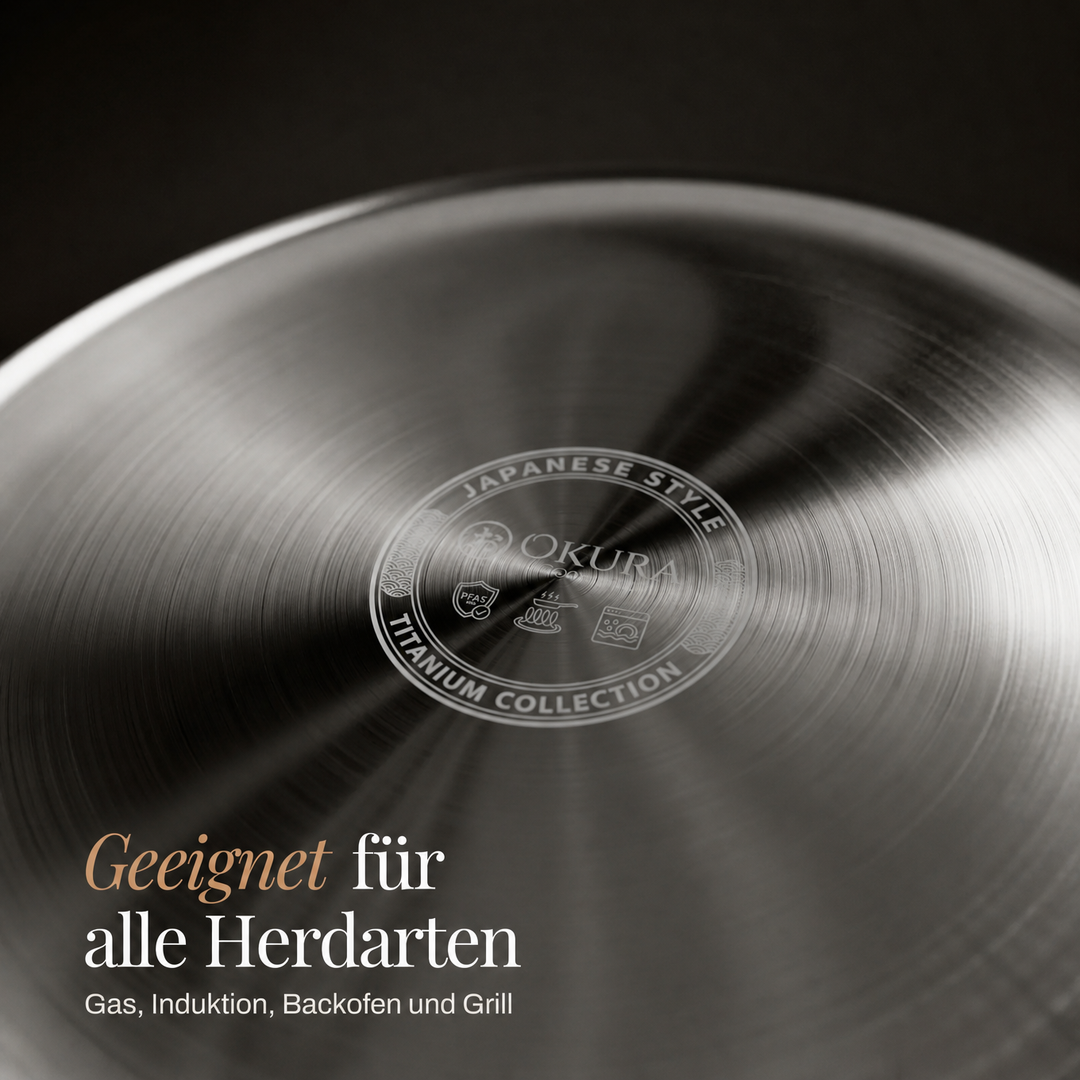 Underside of the pan base with brushed concentric finish and a small engraved emblem, with a caption about suitability for all stovetops. 5