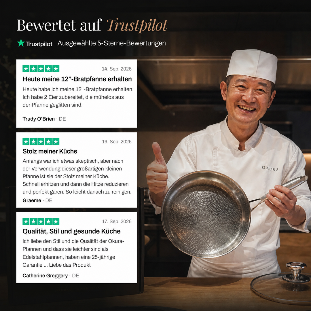 Smiling chef in a white uniform gives a thumbs up while holding the pan, beside three five-star customer review cards. 6