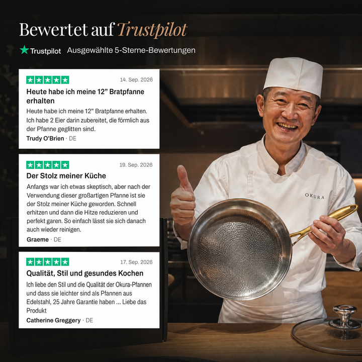 Smiling chef in whites giving a thumbs up while holding the pan, beside three five-star customer review cards. 7
