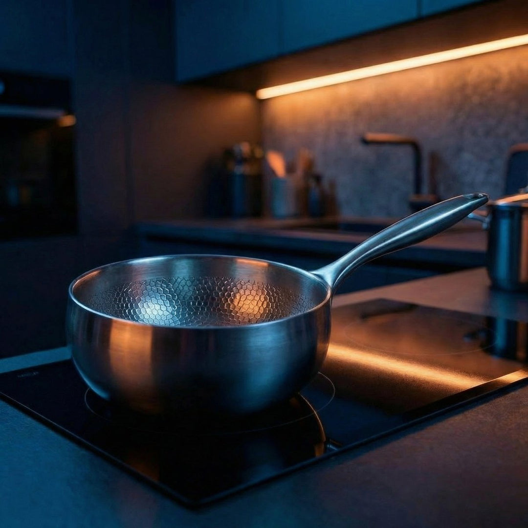 Pan with textured interior on an induction hob in a dimly lit kitchen with warm under-cabinet lighting. 6