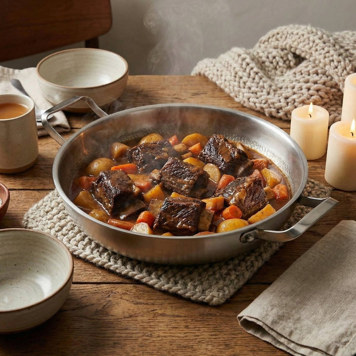 Pan of beef short rib stew with carrots and potatoes on a knitted trivet, set on a wooden table with candles and ceramic bowls. 6
